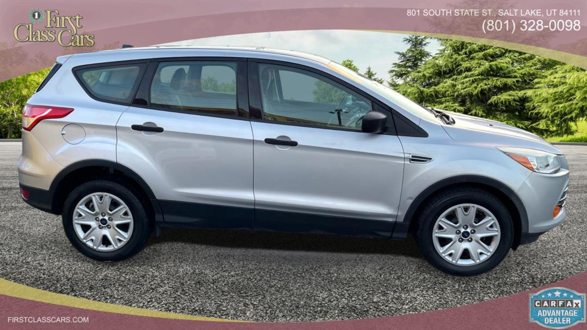 2014 Silver Sky Metallic /Black Ford Escape S (1FMCU0F75EU) with an 4 Cylinder 2.5L engine, AUTOMATIC transmission, located at 801 South State Street, Salt Lake City, UT, 84111, (801) 328-0098, 40.751953, -111.888206 - Perfect commuter car great gas mileage! FREE CAR FAX AND FREE AUTO CHECK on EVERY CAR know the car before you buy only at First Class Cars.Our service department is OPEN DAILY to help with any of your service needs. Please call for immediate appointment! Features: -ABS Brakes -AM/FM Stereo -Air C - Photo#2